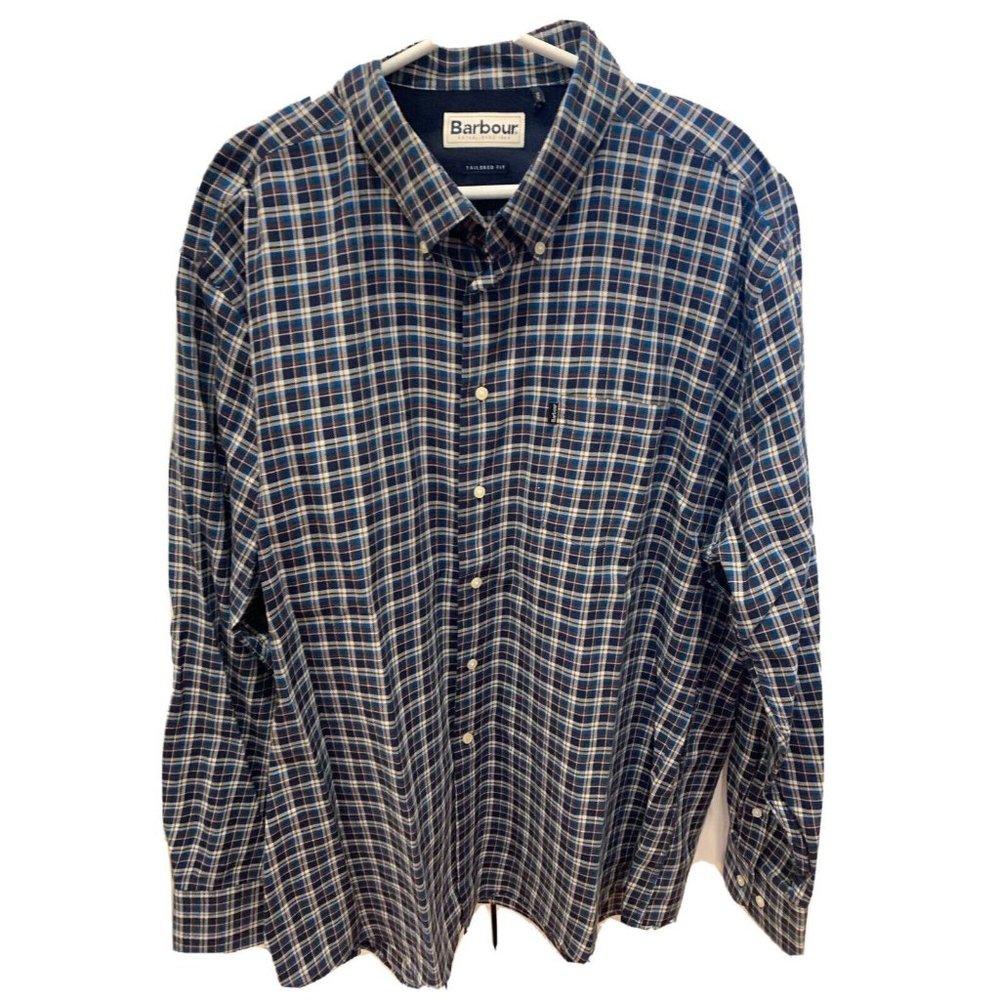 Barbour Tailored Fit Mens Navy Blue White Plaid Long Sleeve Button Down Shirt XL